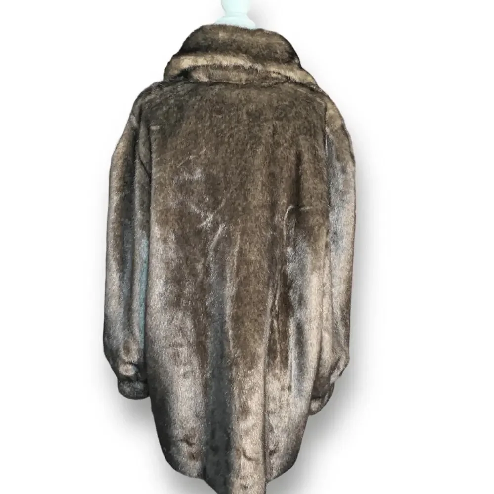 Vintage Reversible Brown Faux Fur Coat Satin Lining‎ Button Front Large Winter